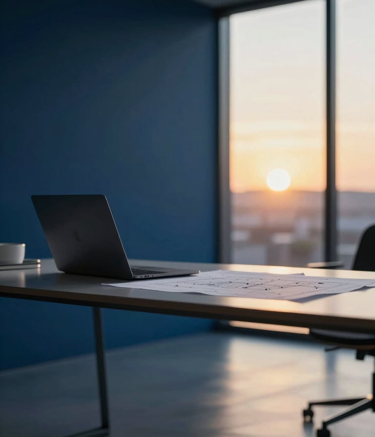 A wide shot of a modern, minimalist design studio during the golden hour. A sleek desk features a high-end laptop and architectural blueprints. The palette is dominated by dark blues and warm yellow highlights from the setting sun.