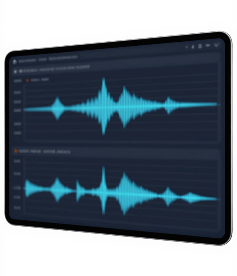 A sophisticated digital animation dashboard showing waveforms and timelines. The aesthetic is clean and contemporary using #4A6B8A and #8FE3F5 highlights on a dark #0d1026 base.