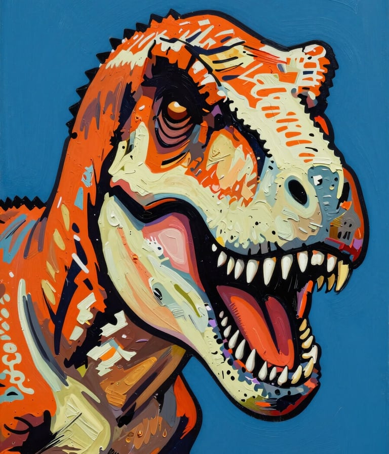 A close-up pop-art painting of a Tyrannosaurus Rex face. The style features bold black outlines and a vibrant color palette of #D87D51 and #F9F5EF. The background is a solid #1F3A4B. The lighting is dramatic, highlighting the texture of the acrylic paint and dynamic brushstrokes.