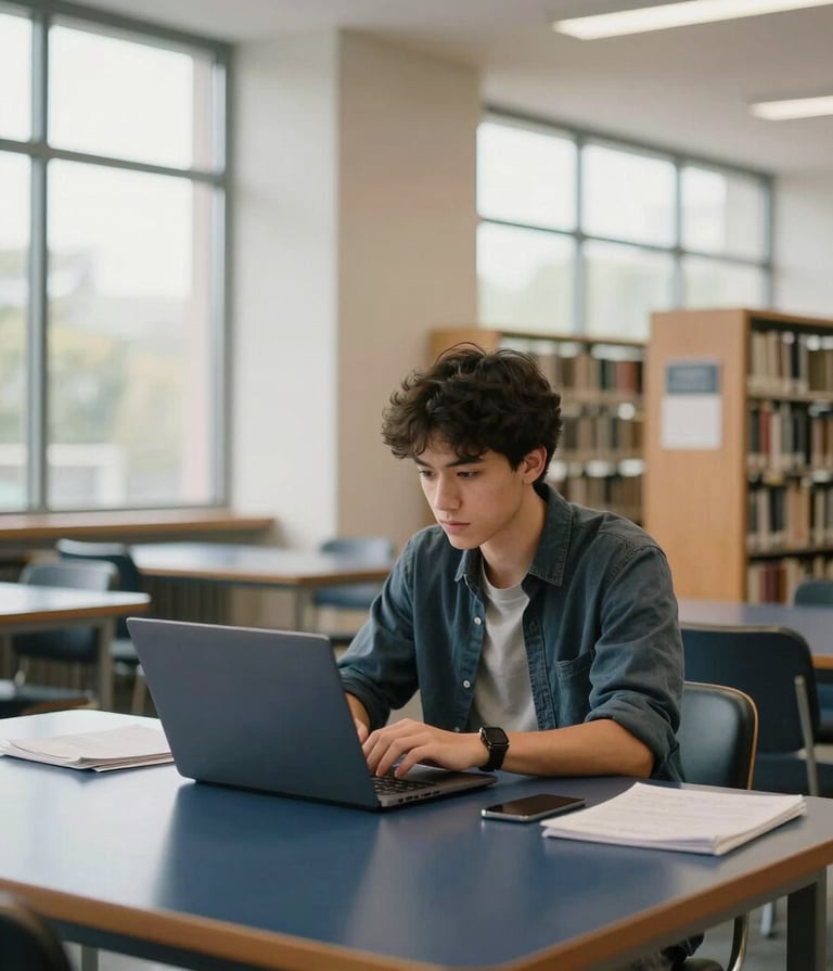 A student in a modern North American / US university library environment, focusing intently on a laptop screen. The library has soft off-white walls and dark navy blue wooden tables. Natural morning light streams through large windows, creating a clean and productive atmosphere.