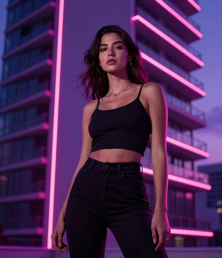 A professionally captured photography portrait of an elite model in a high-rise apartment in Latin American / Global. The scene is illuminated by glowing neon pink and deep violet lighting from neon tubes. Seductive atmosphere with cinematic side lighting and ultra-modern architecture.