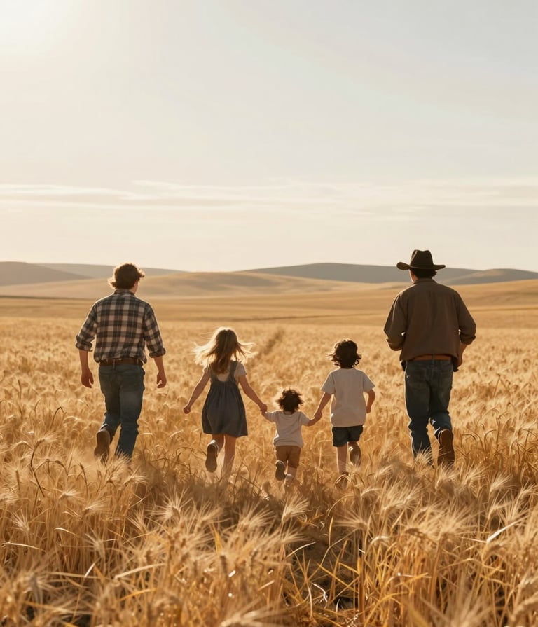 A cinematic wide shot of a family of four running through a golden wheat field in a Western / Global rural landscape. The lighting is warm and sun-drenched, creating a soft flare. The style is authentic and lifestyle-focused with soft sand and terracotta tones.