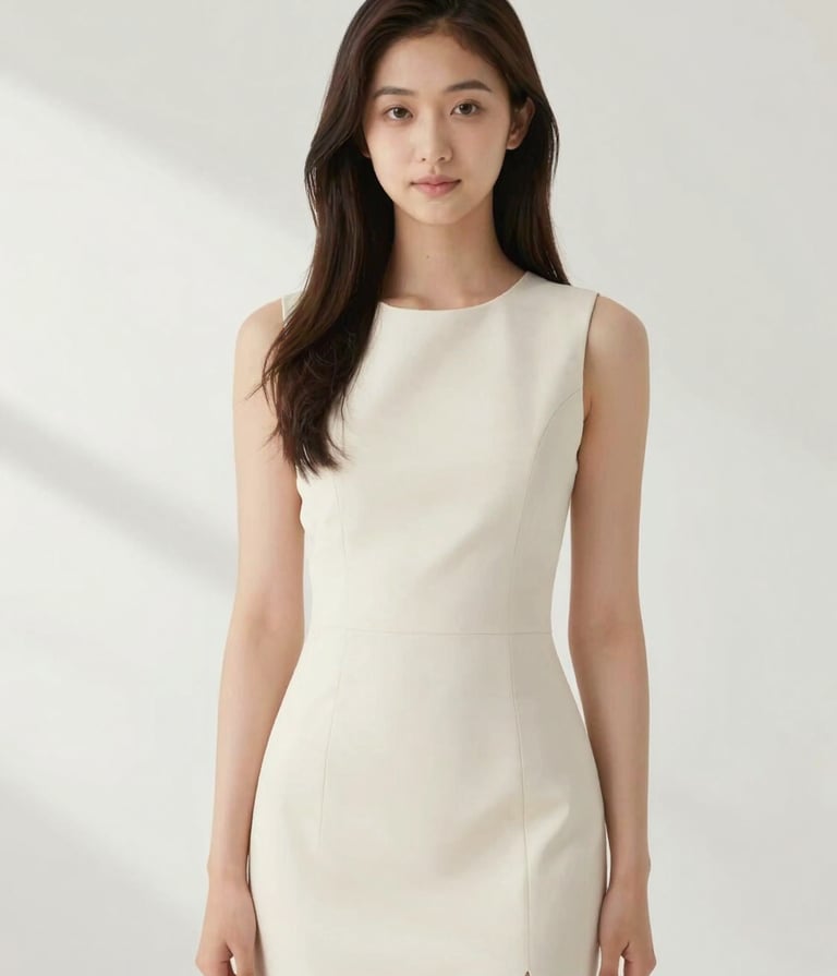 A professional portrait of a 15-year-old girl in an elegant dress, standing in a bright, minimalist studio. Clean white background (#FDFDFD), soft shadows, and a timeless, sophisticated aesthetic.