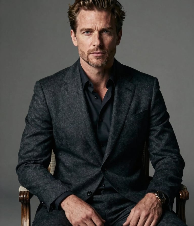 A professional portrait of Stefan Taylor in a dark charcoal tailored suit. He is seated in a classic chair, embodying an authoritative and sophisticated presence. The lighting is soft and professional with mist-colored accents.