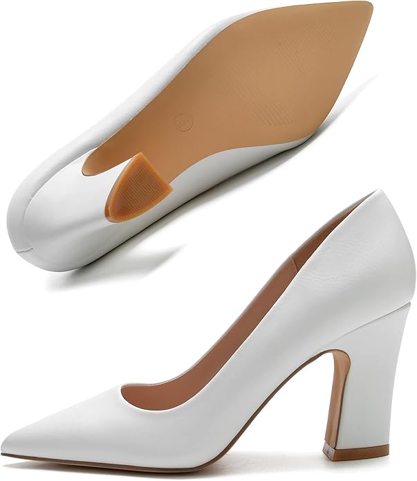 White pointed toe block heel pumps for women with 3.15-inch heel, elegant and versatile