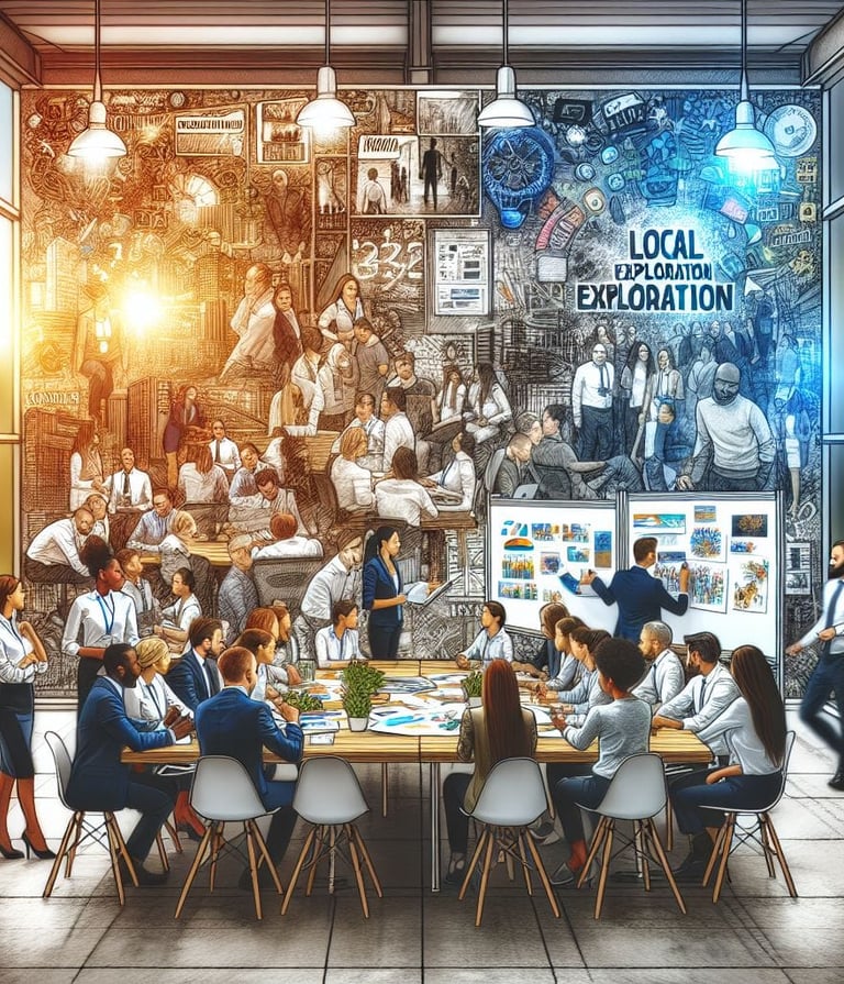 a group of people sitting around a table with a large poster of a large group