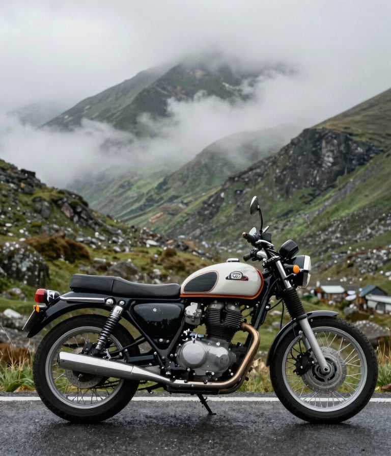 A side profile of a classic motorcycle parked on a narrow asphalt road in the Global / Western highlands, Mist White fog swirling around green peaks in the distance, dramatic overcast lighting, professional lifestyle photography.