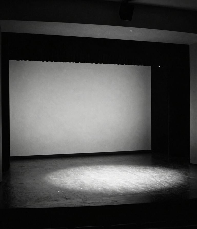 Black and white photography, a wide-angle shot of an empty minimalist theater stage in North American / Mexican context, a single pool of light on a black floor, contemporary artistic atmosphere.