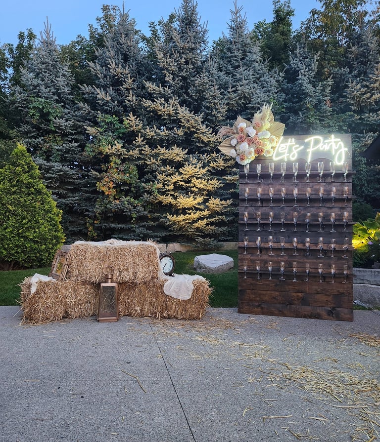 hay bale with a brown champagne wall
