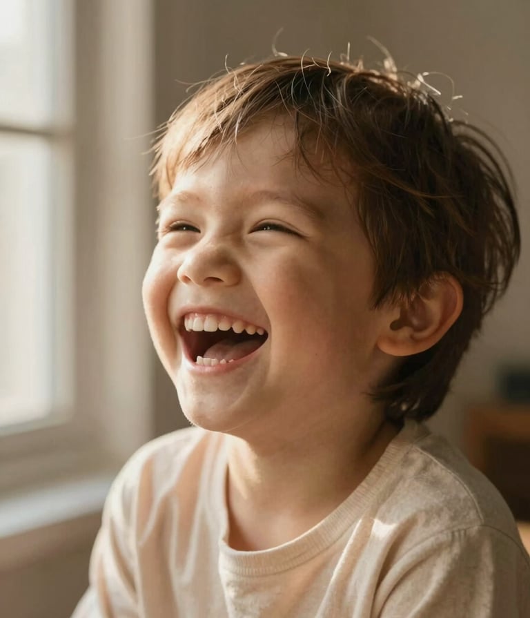 An authentic portrait of a child laughing, illuminated by soft sunlight coming through a window. The palette features warm #FDF8F0 sandy tones and soft #AD7B5B terracotta shadows. Cinematic and heartfelt style.