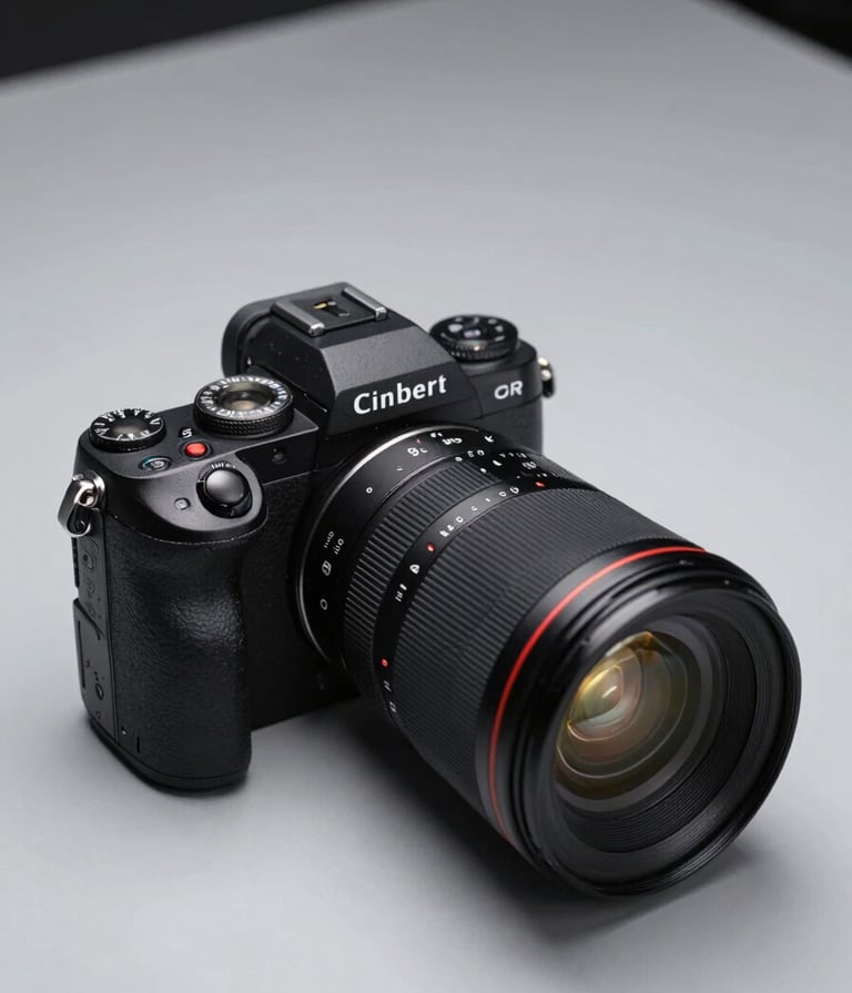 Professional high-angle studio shot of a sleek black mirrorless camera with a high-performance lens on a light gray surface, soft cinematic lighting, North American photography studio setting, clean and modern aesthetic.