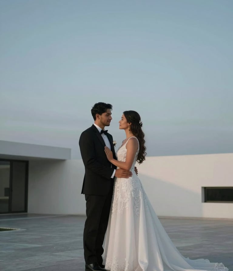 An elegant wedding couple posing in a modern, minimalist outdoor setting in Palmira. Soft Slate Blue sky at dusk. Professional lighting, South American / Colombian atmosphere.