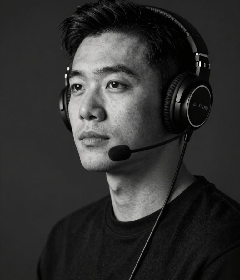 A professional black and white portrait of an artist wearing headphones, looking off-camera with a thoughtful expression. High contrast, sharp focus, with a dark #0A0A0A background and soft key lighting.