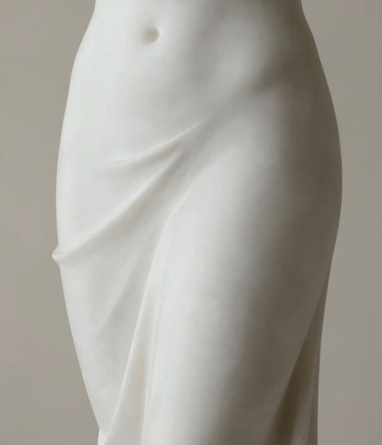 Close-up detail of a minimalist white marble sculpture showing smooth, elegant curves. The lighting is soft and directional, highlighting the stone's texture. Background is a neutral #F9F7F0. Sophisticated and high-end aesthetic.