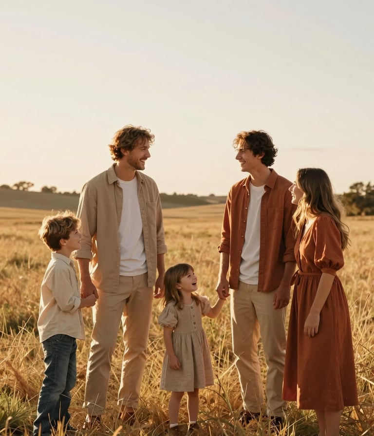 A cinematic lifestyle photograph of a young family laughing together in a sun-drenched North American / General Western meadow. The lighting is warm and golden-hour inspired. The family is dressed in soft sand and terracotta colored casual wear, showing authentic interaction.
