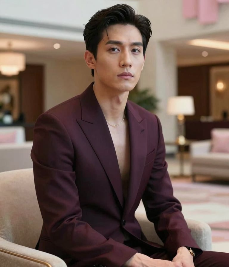 A sophisticated portrait of a performer sitting in a North American / US luxury hotel lobby, wearing a Deep Plum blazer, soft cinematic lighting with hints of Soft Petal Pink in the decor.