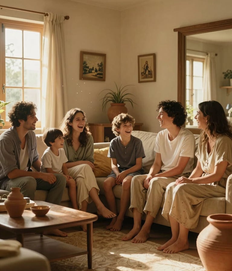 A cinematic, wide-angle shot of a family laughing together in a sun-drenched living room. The lighting is warm and golden, catching dust motes in the air. Soft Sand textiles and Terracotta clay pots are visible in the decor. The mood is authentic and heartfelt.