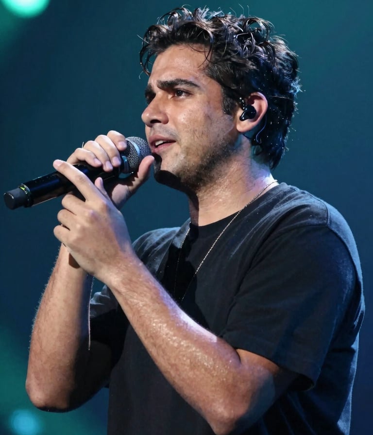 Lyan Galindo performing live on a grand stage, viewed from a side angle. He is focused, his face showing emotional depth. The background is a soft blur of stage lights in #386F6F and deep blues, creating a sophisticated and inspiring atmosphere.