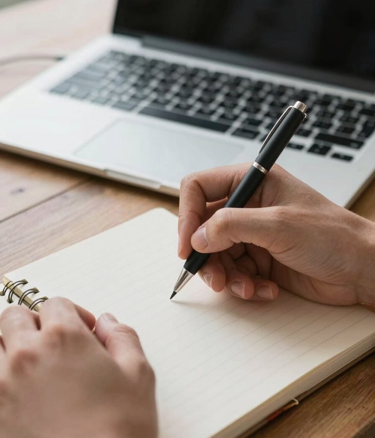Close-up of hands writing on a notebook next to a laptop during a sales negotiation simulation, natural daylight.