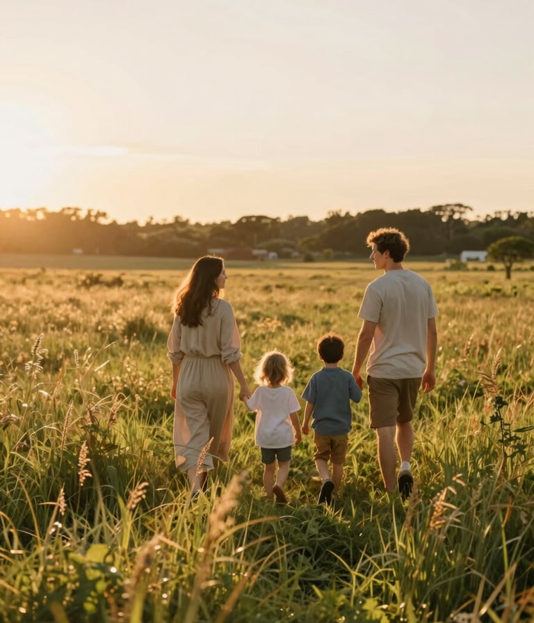 A wide cinematic landscape of a family walking through a sun-drenched meadow at golden hour. The atmosphere is warm and inviting, with soft light hitting the tall grass. Highlighting authentic interaction and natural beauty.