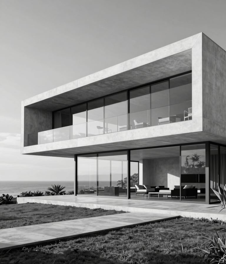A wide-angle, hyper-realistic architectural render of a minimalist luxury villa in a South American / Brazilian coastal setting. The architecture features white concrete, floor-to-ceiling glass, and sharp angles. The lighting is soft morning light with deep shadows. Black and white photography style.