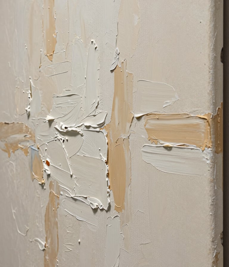 A close-up photograph of a heavily textured abstract painting on canvas. The surface features thick impasto strokes and accumulations of pigments in soft off-white and warm sand tones. The lighting is soft and directed from the side to emphasize the relief and shadows of the texture. Set in a professional South American / Argentine art studio.