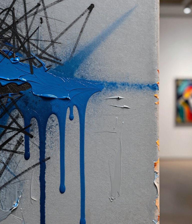 A detailed close-up of a contemporary mixed-media canvas. The surface shows thick layers of light grey acrylic paint, vibrant blue spray paint drips, and charcoal scribbles. The lighting is crisp and editorial, highlighting the heavy texture of the paint, set in a International / Urban Art Scene gallery environment.