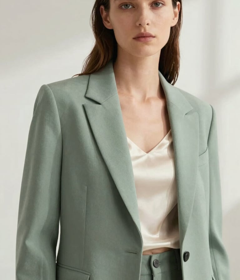 A sophisticated editorial fashion portrait of a woman wearing a tailored soft sage green blazer over a cream silk top, captured in a bright, minimal North American / Western European studio setting with soft shadows.