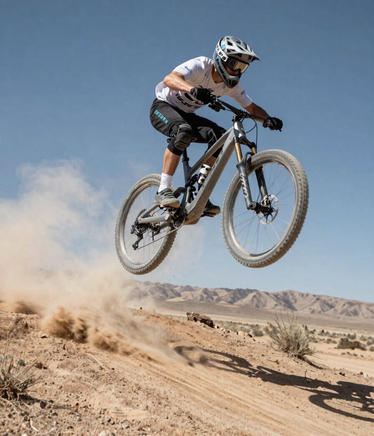 A high-speed photography shot of a mountain biker soaring through a dust cloud in a North American desert, sharp focus on the athlete, cool silver and steel blue color palette, dynamic wide-angle composition.