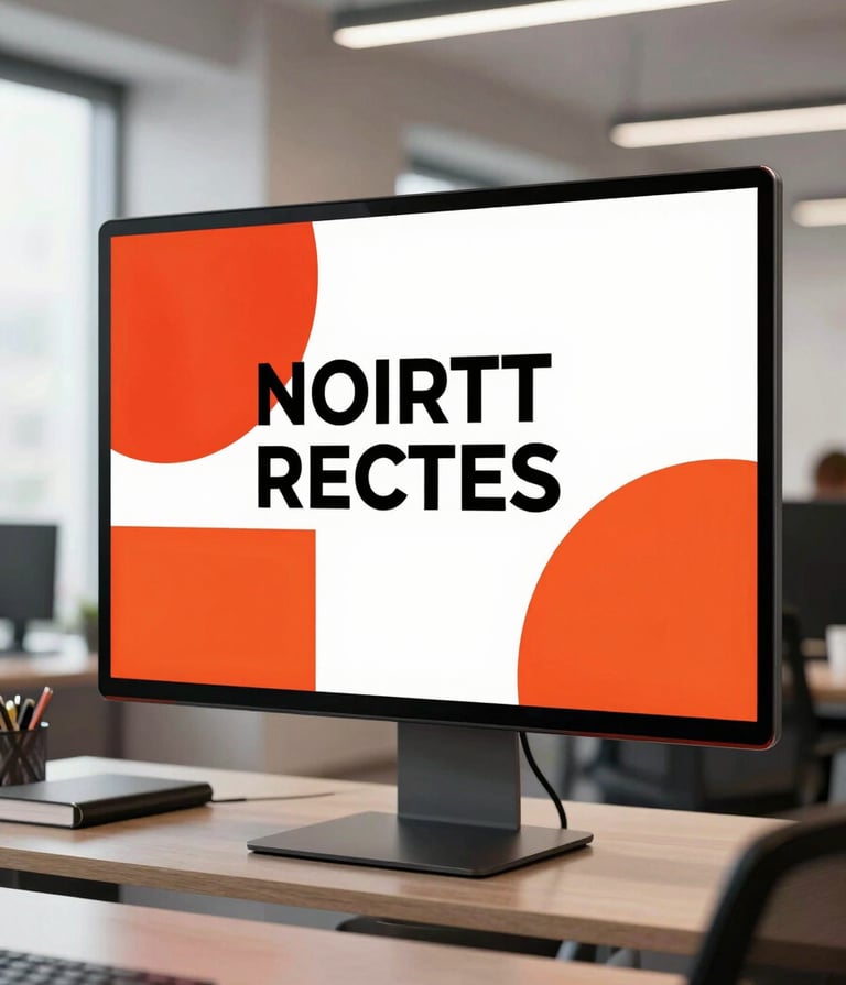 A professional North American office setting where a large digital display shows a bold, modern advertising campaign mockup with reddish orange accents. The atmosphere is bright, clean, and results-driven.