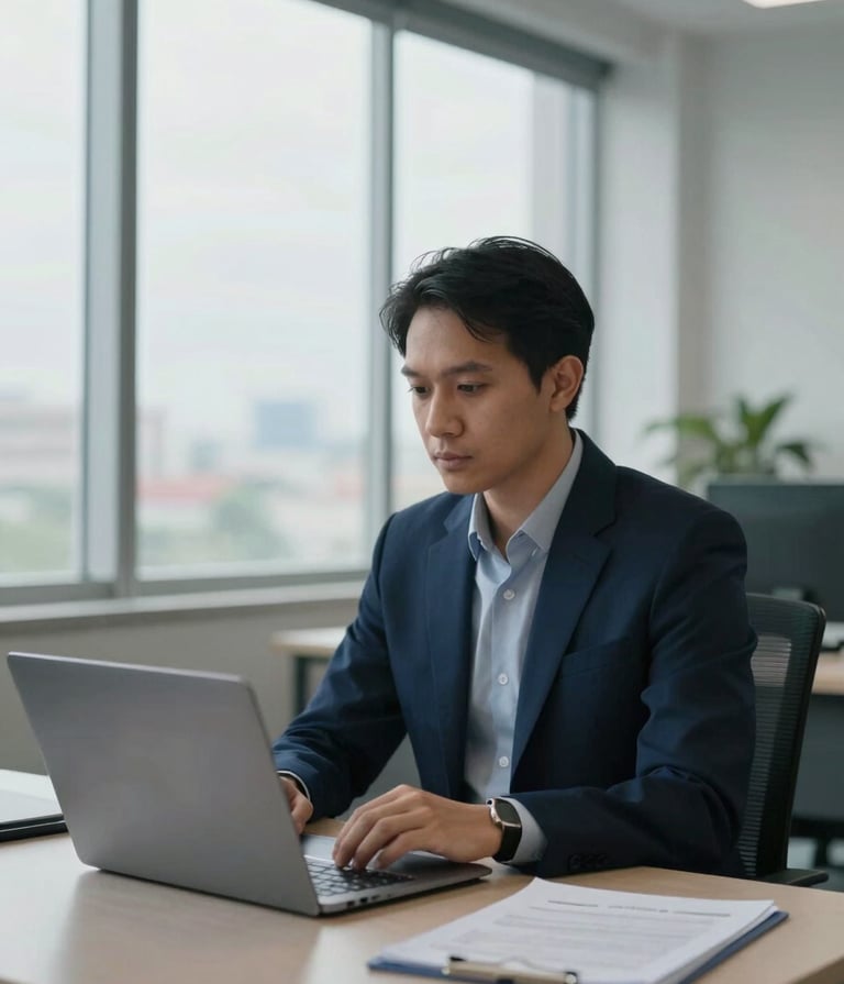 A professional Southeast Asian / Indonesian office environment with large windows, featuring a clean desk with a modern laptop, soft natural lighting, incorporating Dark Navy Blue and Pale Cloud Grey tones in the interior design.