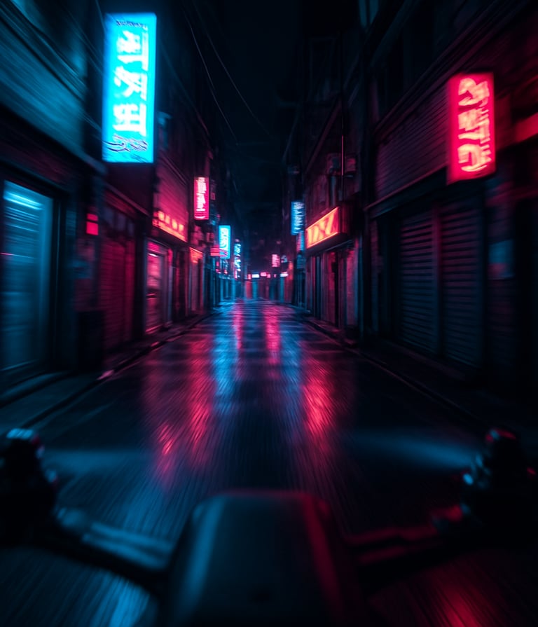 High-speed cinematic FPV drone shot flying through a narrow alley in a neon-lit East Asian / Korean urban neighborhood at night. The wet asphalt reflects vibrant cyan and magenta lights. Motion blur conveys rapid movement through the futuristic city.