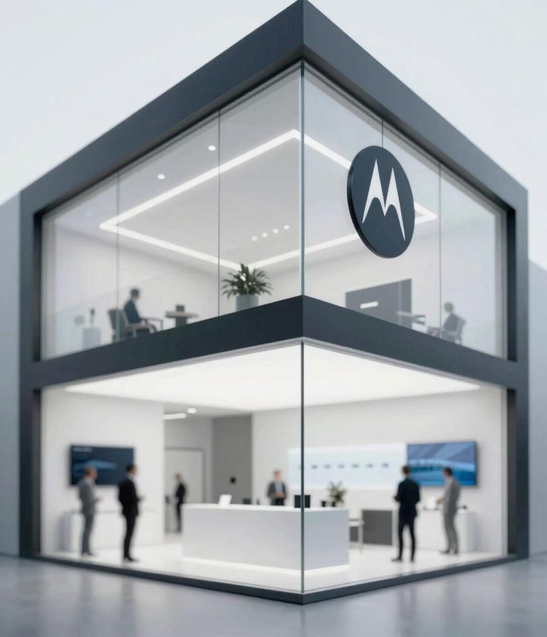 A sophisticated, architectural shot of the Motorola booth at the World Business Forum. The structure is minimal with sharp lines, utilizing glass and dark steel (#111111). The lighting is crisp and off-white (#F0EDE8), creating a high-end agency aesthetic.