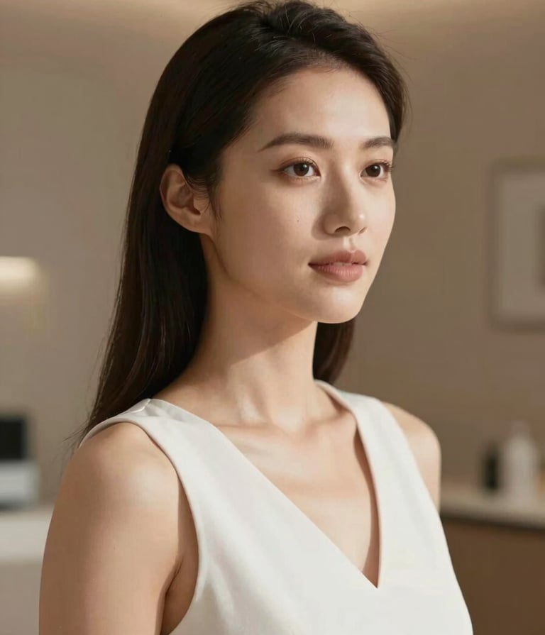 High-end lifestyle photography of a sophisticated woman in a minimalist aesthetic clinic, soft natural lighting hitting her face, warm tones of #4B2E2B in the background, elegant and professional atmosphere.