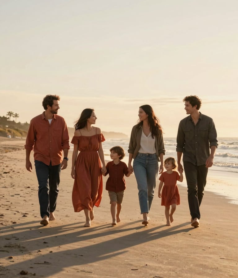 A cinematic wide shot of a family walking along a North American / US beach at sunset. The lighting is warm and sun-drenched, casting long shadows on the soft sand. The family members are interacting authentically, wearing clothes in terracotta and charcoal tones.