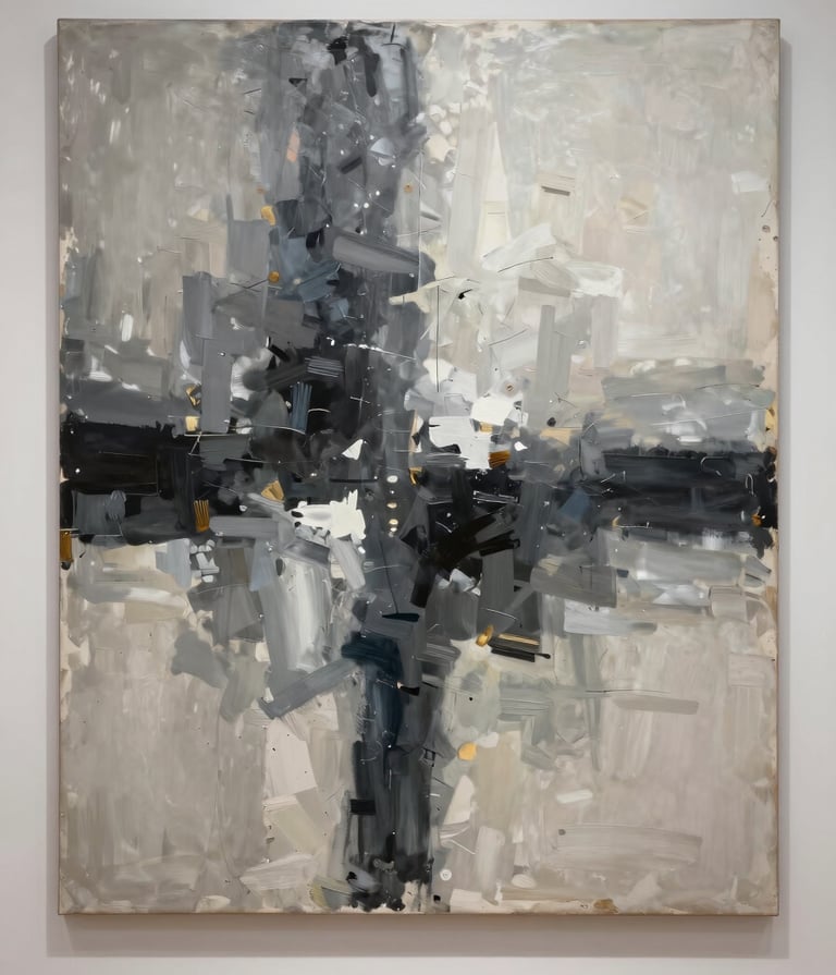 Full-width editorial photograph of a large-scale abstract painting on a canvas. The painting features broad, gestural strokes in shades of charcoal, stone gray, and off-white. The texture of the canvas is visible under professional museum lighting in a high-end North American gallery.