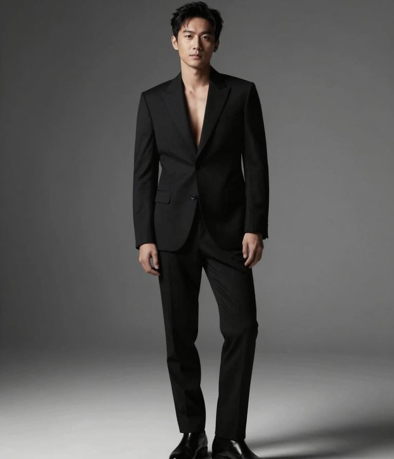 A wide, cinematic shot of a professional actor in a minimalist studio setting, deep shadows using #0F0F0F and sharp #F5F5F5 highlights. Elegant posture, high-fashion editorial style.