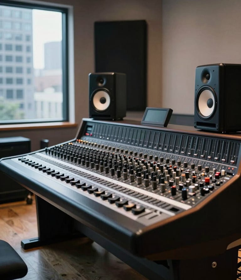 A high-end professional music studio in a sleek North American city loft, featuring a chrome mixing console and minimalist black speakers, cool cinematic lighting, sharp focus.