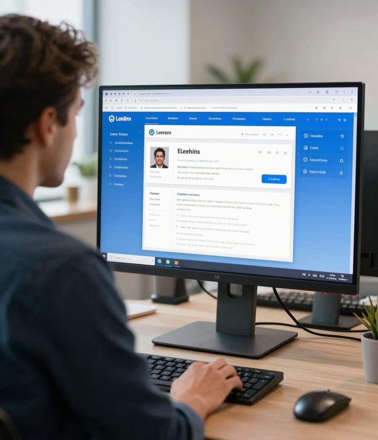A professional instructional designer in a modern North American / US office setting, reviewing a clean eLearning interface on a large monitor. The screen displays sky blue and steel blue UI elements. The lighting is bright and airy, suggesting a creative yet focused atmosphere.