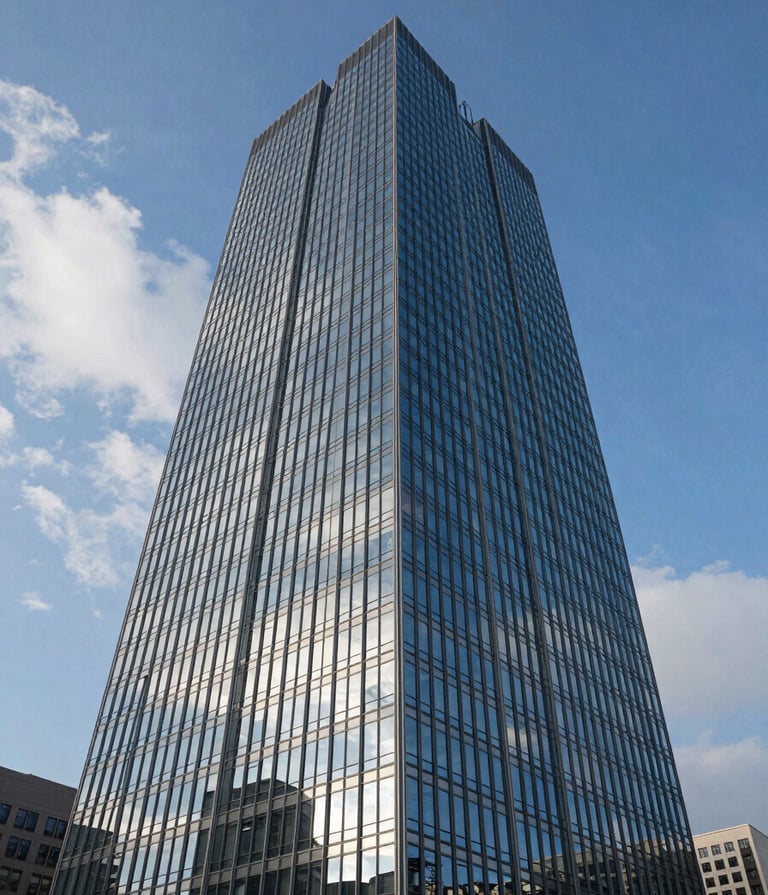A vertical portrait of a modern skyscraper rising into a steel blue sky. The glass facade reflects soft cloud white clouds, creating a sleek and professional aesthetic. The perspective is looking straight up from the street level.