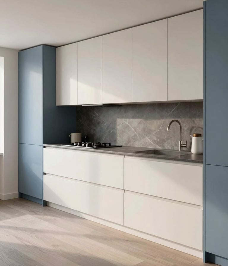 Wide shot photography of a modern, minimalist kitchen featuring sleek cabinets in off-white and muted blue. Soft Northern European daylight illuminates the space, highlighting high-quality textures of wood and stone. Sophisticated interior design portfolio style.
