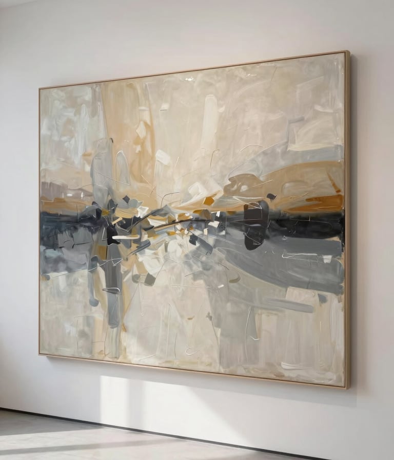 A high-resolution studio photograph of a large-scale abstract oil painting titled 'Ethereal Tide'. The artwork features sweeping strokes of tan, charcoal grey, and off-white. The painting is professionally hung on a clean off-white gallery wall in a bright, modern North American art studio with natural light.