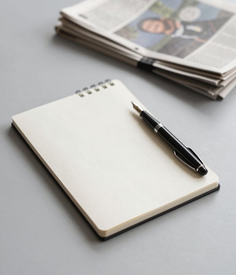 A minimalist, high-angle shot of a journalist's workspace. A single notebook, a refined black fountain pen, and a stack of folded newspapers are arranged on a light grey surface. The lighting is soft and natural, emphasizing textures. Colors are predominantly #F5F5F5 and #263238.