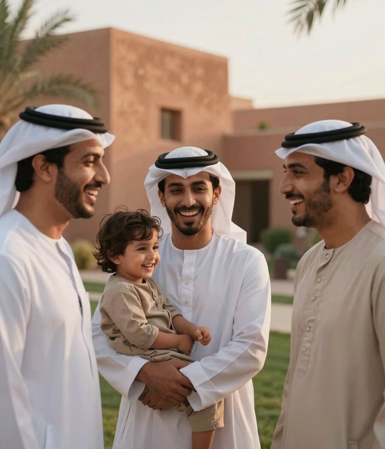 Cinematic photography of a young Middle Eastern / Gulf family laughing together in a sun-drenched garden with warm burnt terracotta and soft off-white elements in the background, golden hour lighting, natural storytelling style.