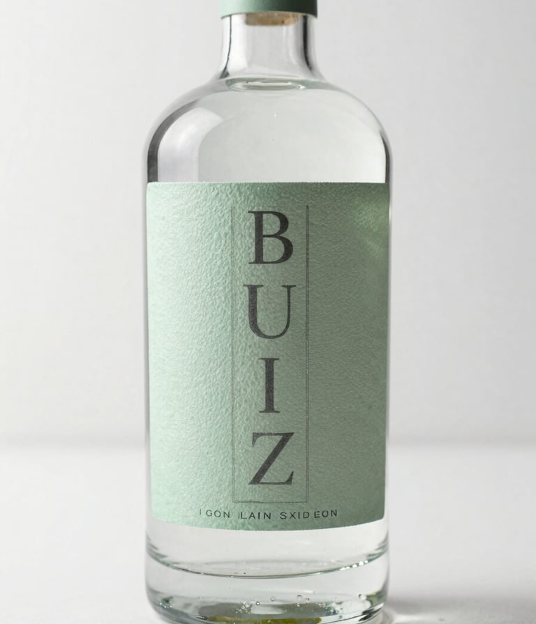 A high-end professional photograph of a premium gin bottle with a textured soft sage green label and charcoal typography. The bottle is placed on a minimalist mist white surface in a bright North American / US design studio, with soft natural light highlighting the glass texture.