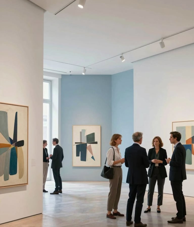 A wide-angle photography shot of a bright, modern European / French art gallery with high ceilings. A group of artists and professionals in refined attire are engaged in conversation near large abstract paintings. The lighting is soft and natural. Colors include soft linen walls and dusty blue accents.