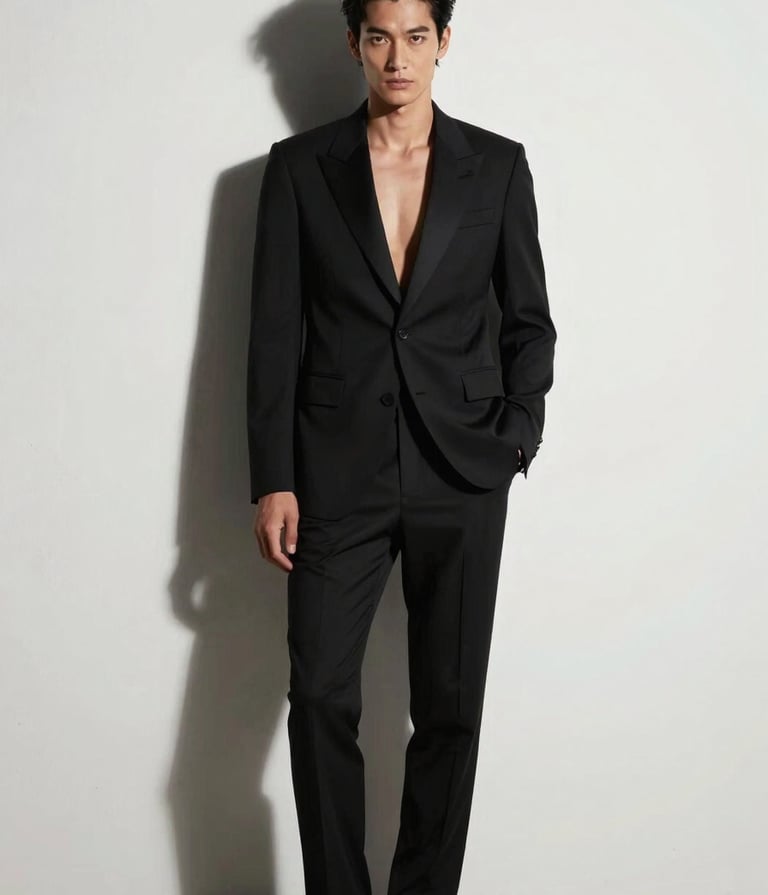 A high-fashion vertical portrait of a model in a sharp black tailored suit, standing against a clean white wall in a minimalist studio. The lighting is dramatic, inspired by film noir, with sharp shadows. Global / Hispano style, sophisticated and elegant composition.