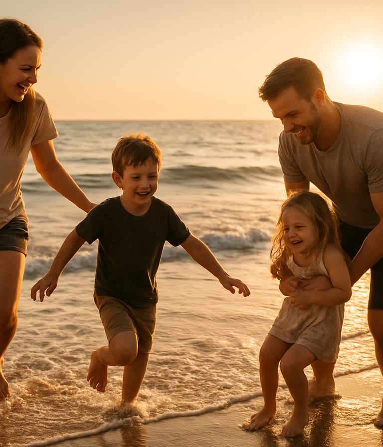 Candid lifestyle photography of a family playing in the shallow surf on a North American beach at sunset. The lighting is warm and sun-drenched, with soft sand and charcoal shadows. Cinematic composition focusing on authentic emotion and connection.