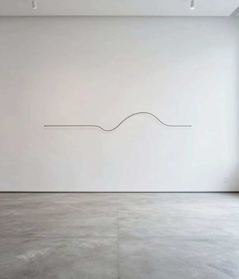 A high-key photograph of a minimal white interior space in a North American gallery. A single, thin black line of a wire sculpture creates a stark contrast against a light gray wall. The floor is a polished, pale gray concrete reflecting soft, diffused light.