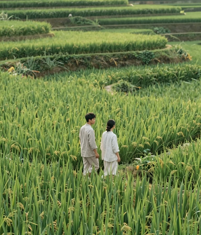 A minimalist, high-angle shot of a couple walking through emerald green rice terraces. They are dressed in light linen fabrics (#F7F3EE). The scene is bathed in natural morning light, emphasizing a warm, storytelling aesthetic. The greens of the landscape align with #5F705B.